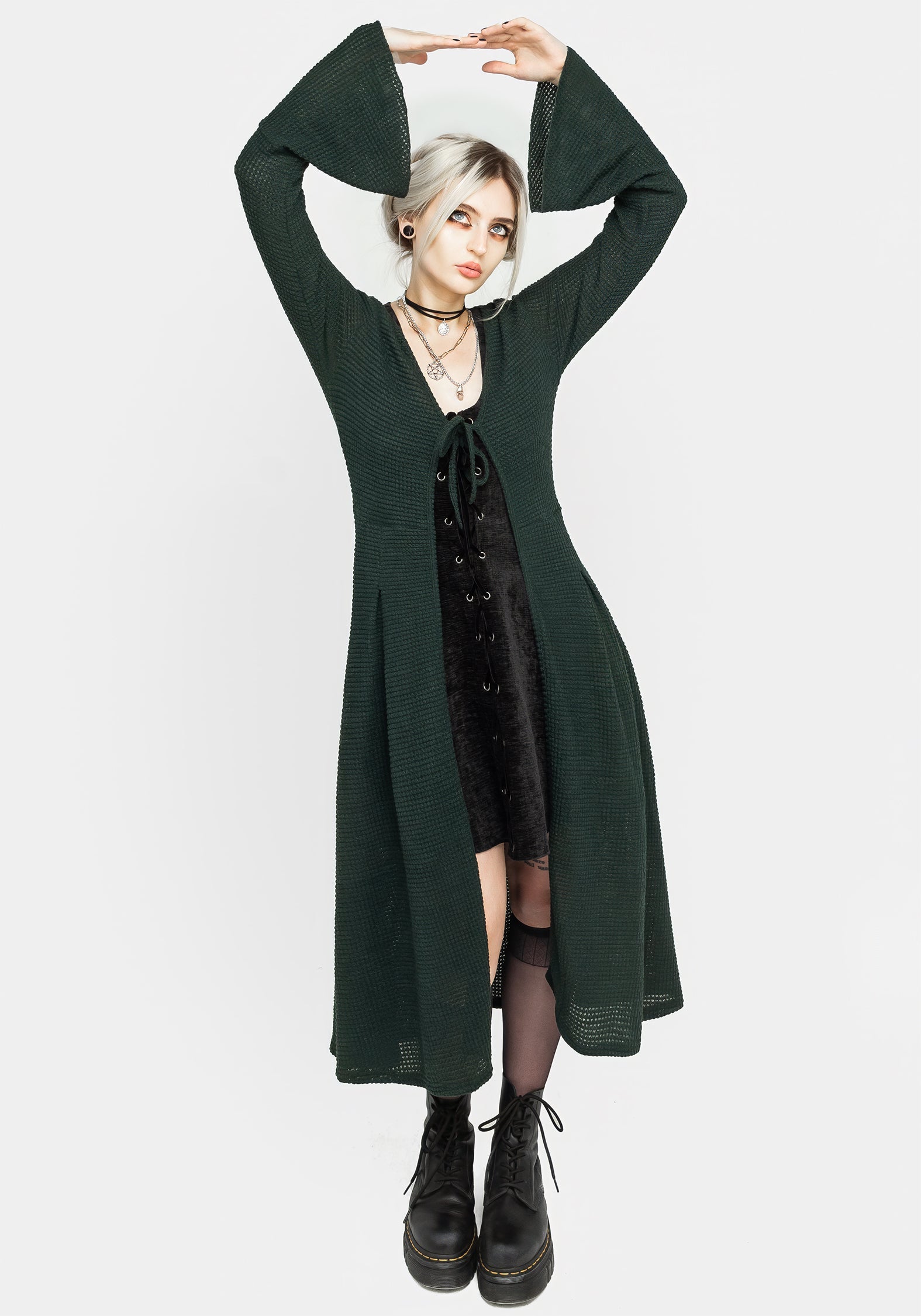 Disturbia | Xana Textured Tie Front Long Cardigan - Green | Cardigans
