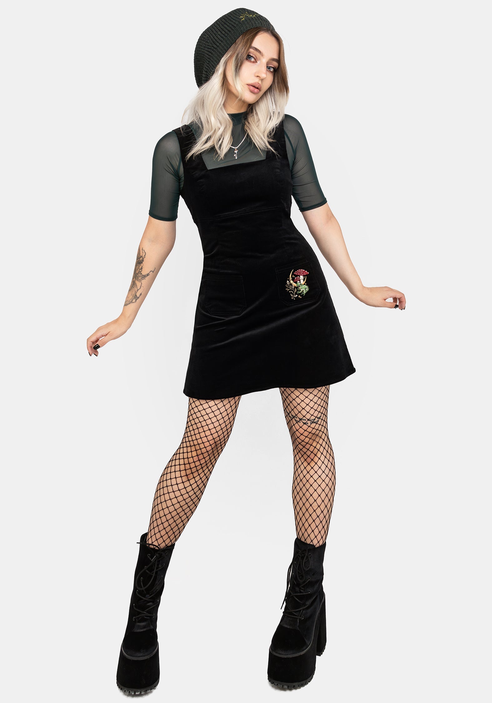 black pinafore dress ladies Disturbia | Swamplife Embroidered Cord Mini Pinafore Dress