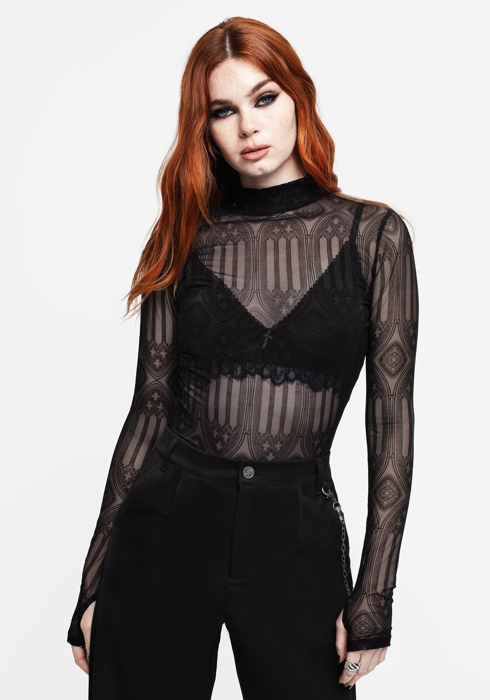 Cloister Flocked Mesh High Neck Long Sleeve Top – Disturbia