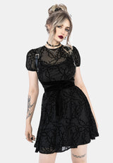 Prickle Dorn Druck Mesh Puffärmel Ärmel Mini Kleid - Schwarz