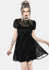 Prickle Dorn Druck Mesh Puffärmel Ärmel Mini Kleid - Schwarz
