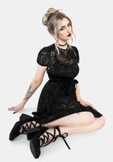 Prickle Dorn Druck Mesh Puffärmel Ärmel Mini Kleid - Schwarz