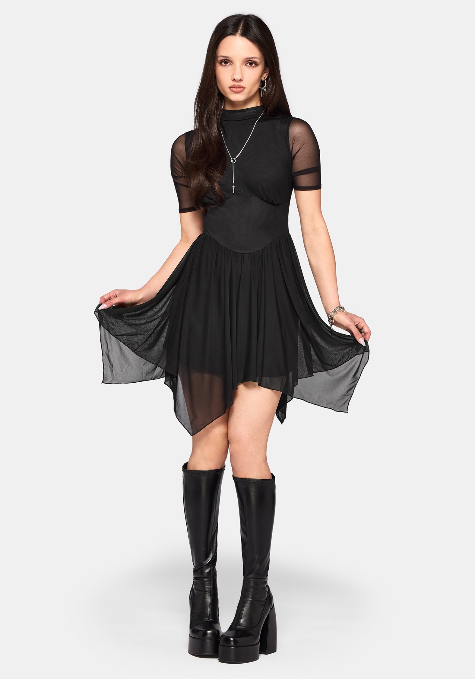 cowl neck handkerchief hem mini dress in black Cowl Neck Handkerchief Hem Mini Dress in Black