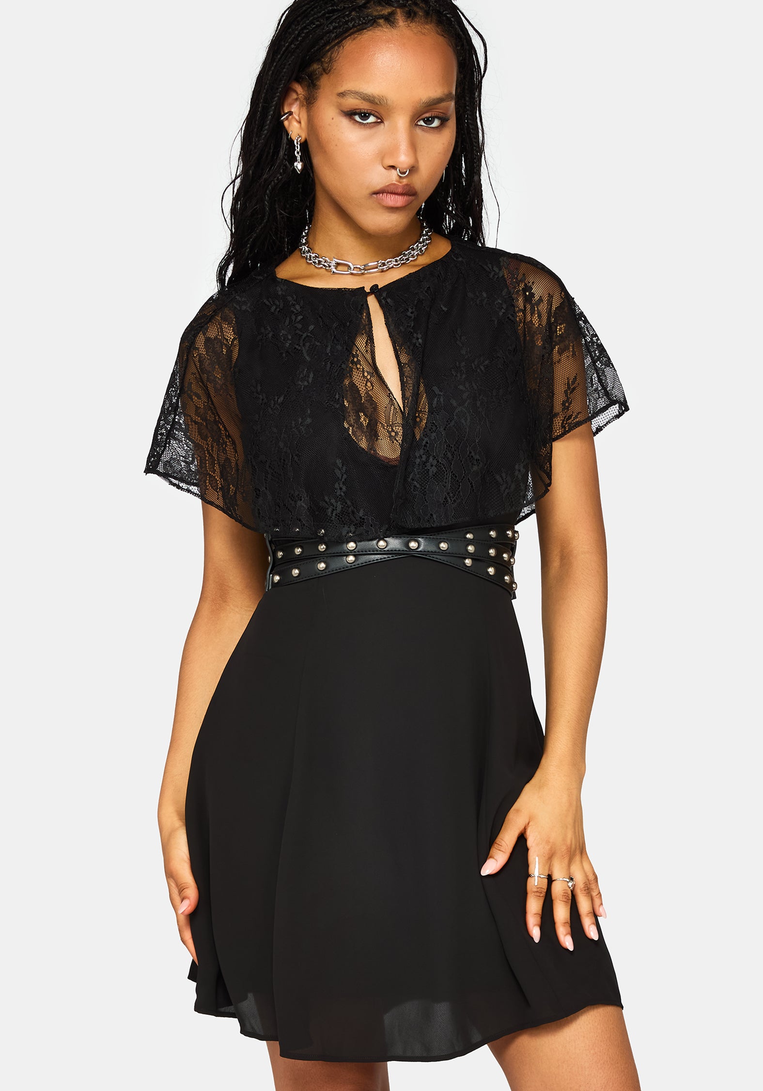 Yasmine Lace Cape Keyhole Mini Dress – Disturbia