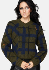 Nelly Spliced Check Bug Jacquard Cropped Knit Jumper