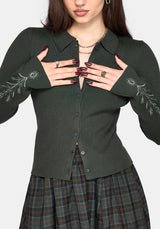Cybele Embroidered Button Up Ribbed Knit Cardigan - Green