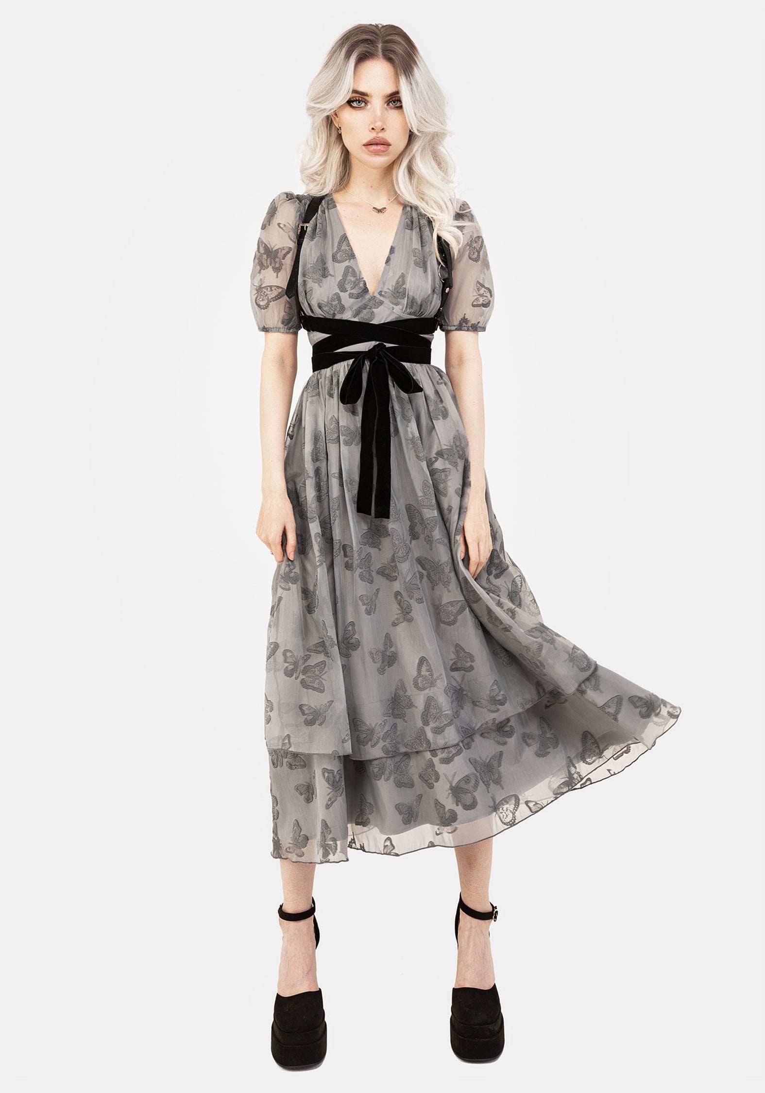 Vanessa Butterfly Print Organza Puff Sleeve Midaxi Dress – Disturbia
