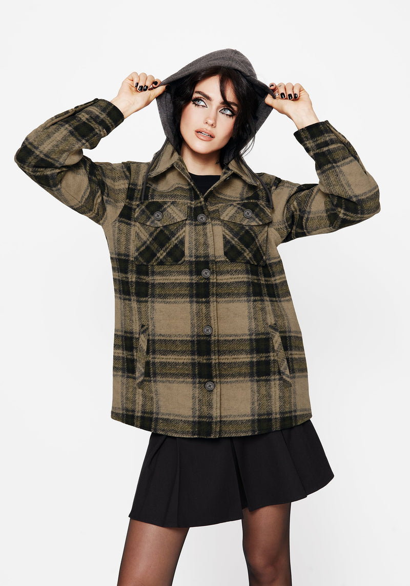Trellis Hooded Pocket Check Shacket - Green