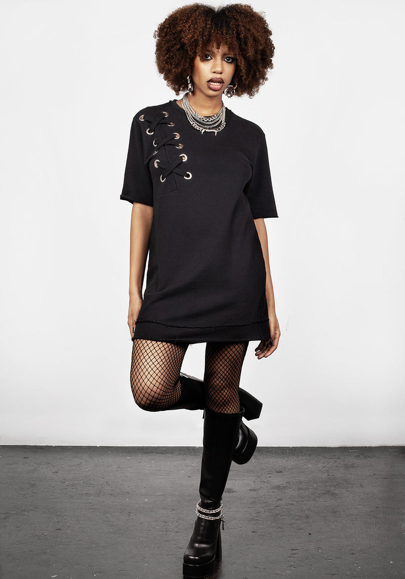 Mishap Lace up Jersey T-Shirt Dress