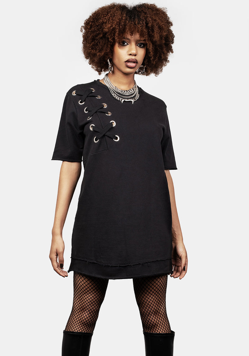 Mishap Lace up Jersey T-Shirt Dress