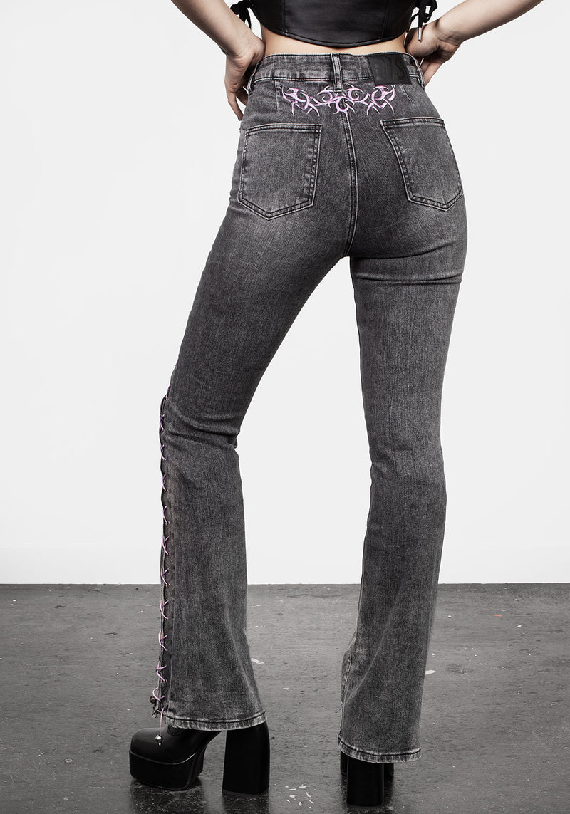 Tramp Washed Lace up Flared Jeans