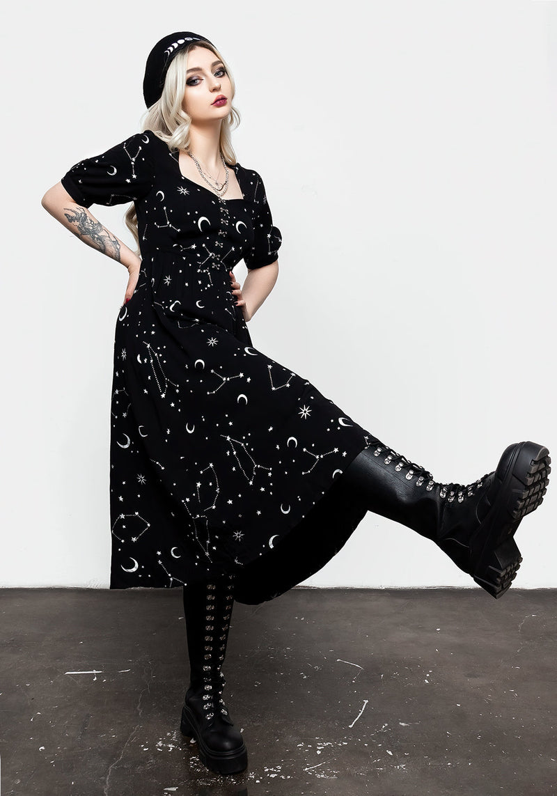 Silver Celestial Print Sweetheart Midi Dress