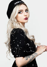 Silver Celestial Print Sweetheart Midi Dress