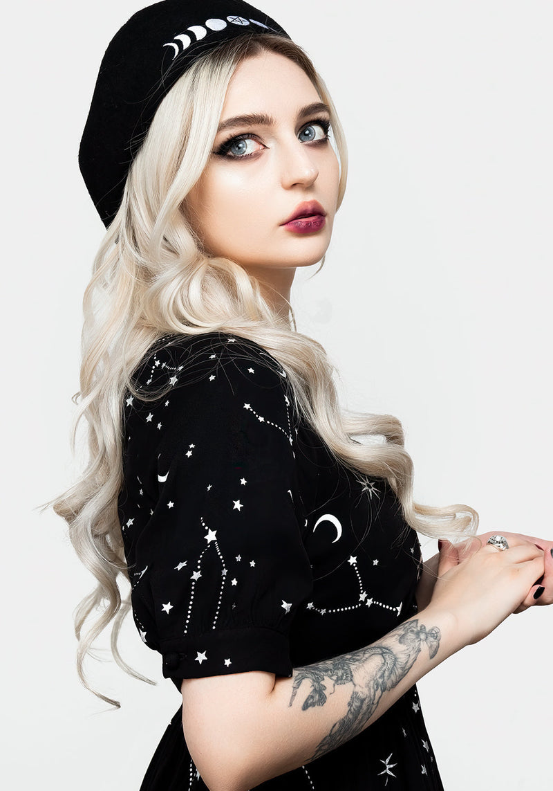 Silver Celestial Print Sweetheart Midi Dress