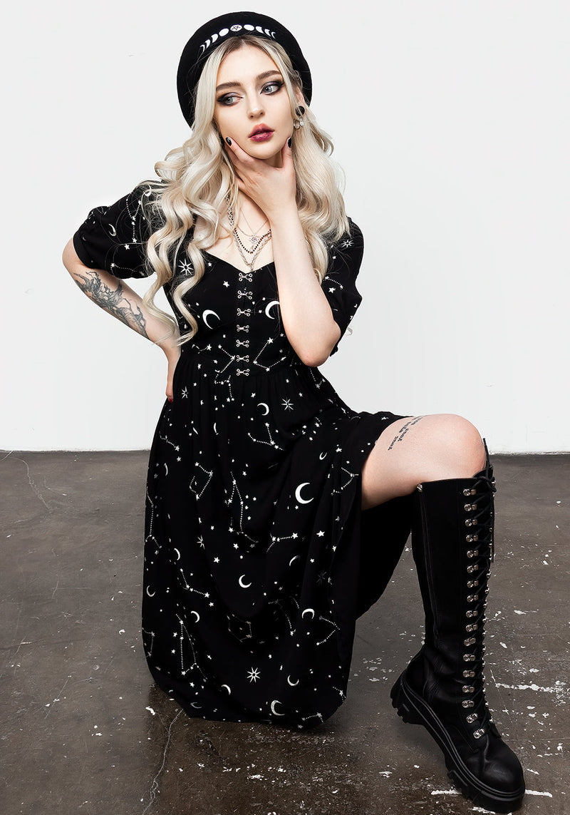Silver Celestial Print Sweetheart Midi Dress
