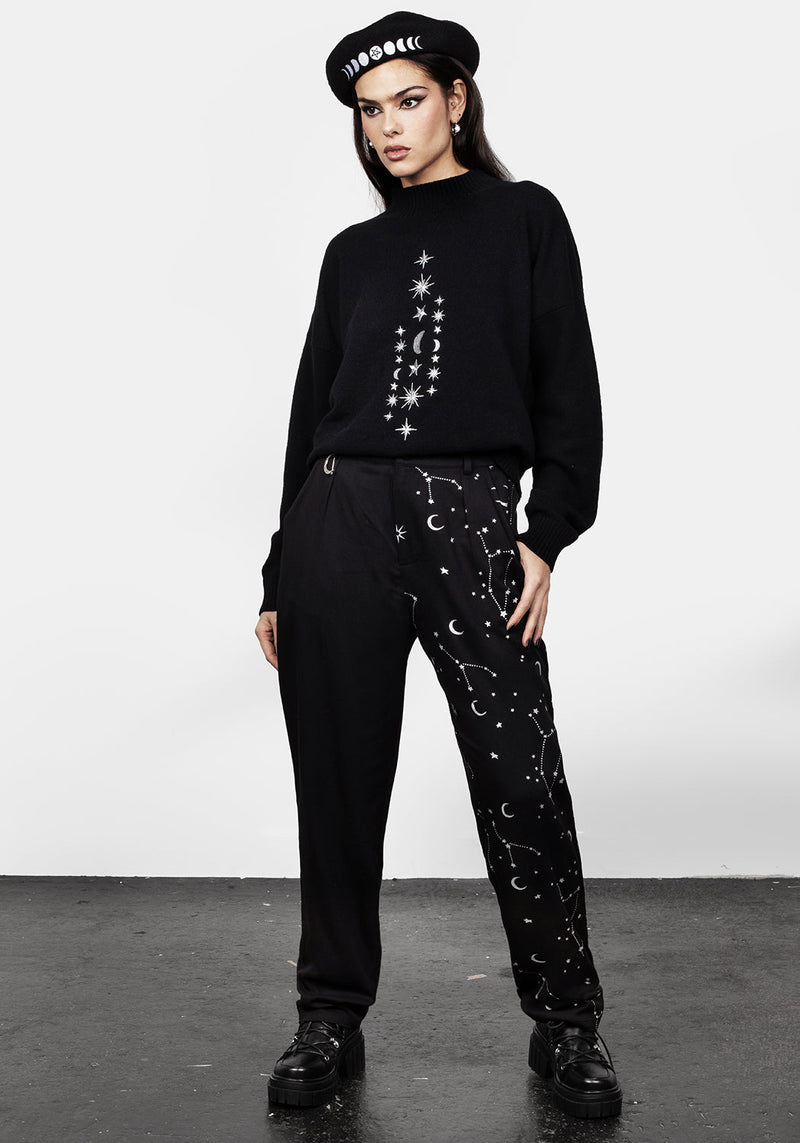 Silver Celestial Print Spliced Tapered Trousers