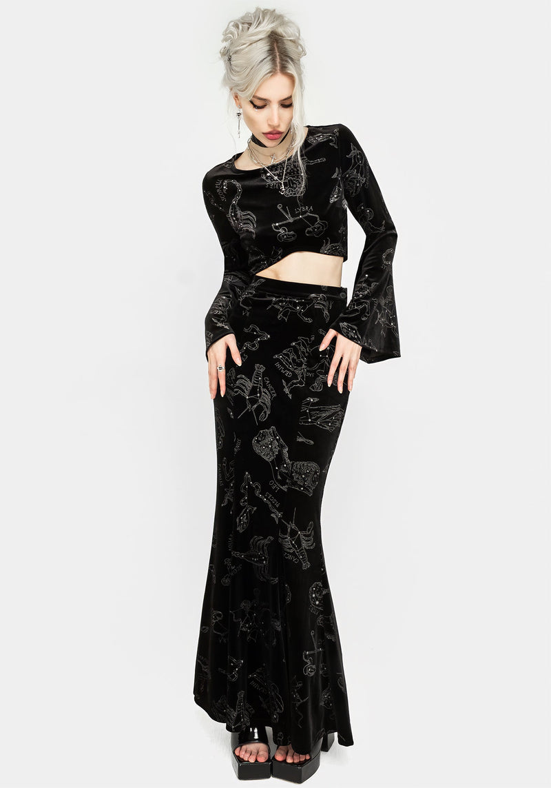 Zodiac Foil Print Velour Mermaid Maxi Skirt