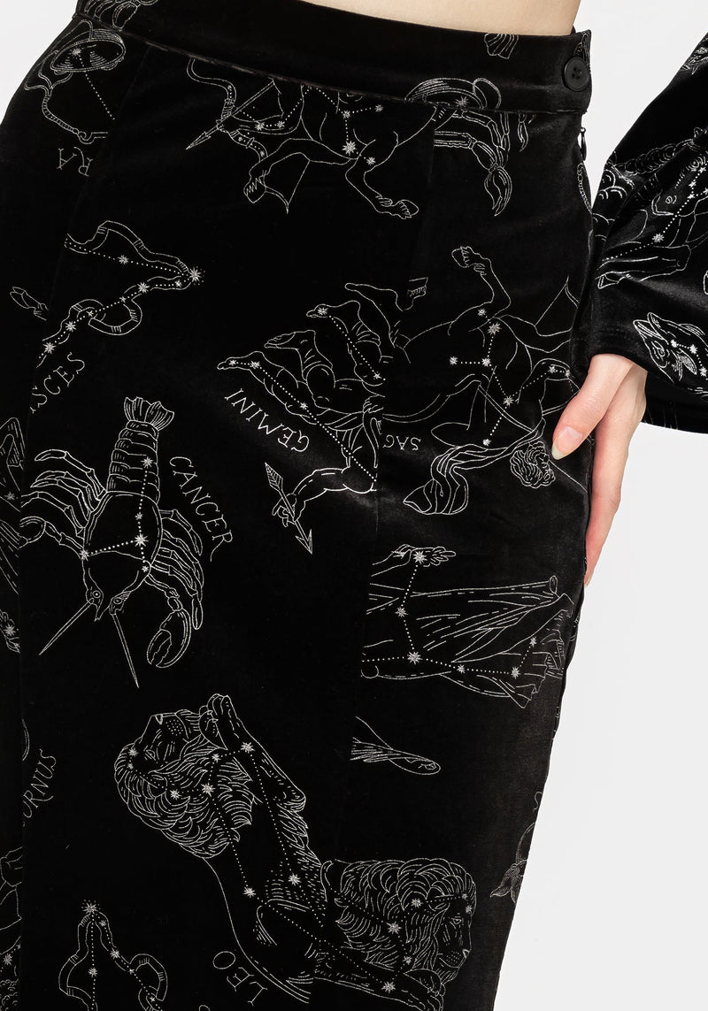Zodiac Foil Print Velour Mermaid Maxi Skirt