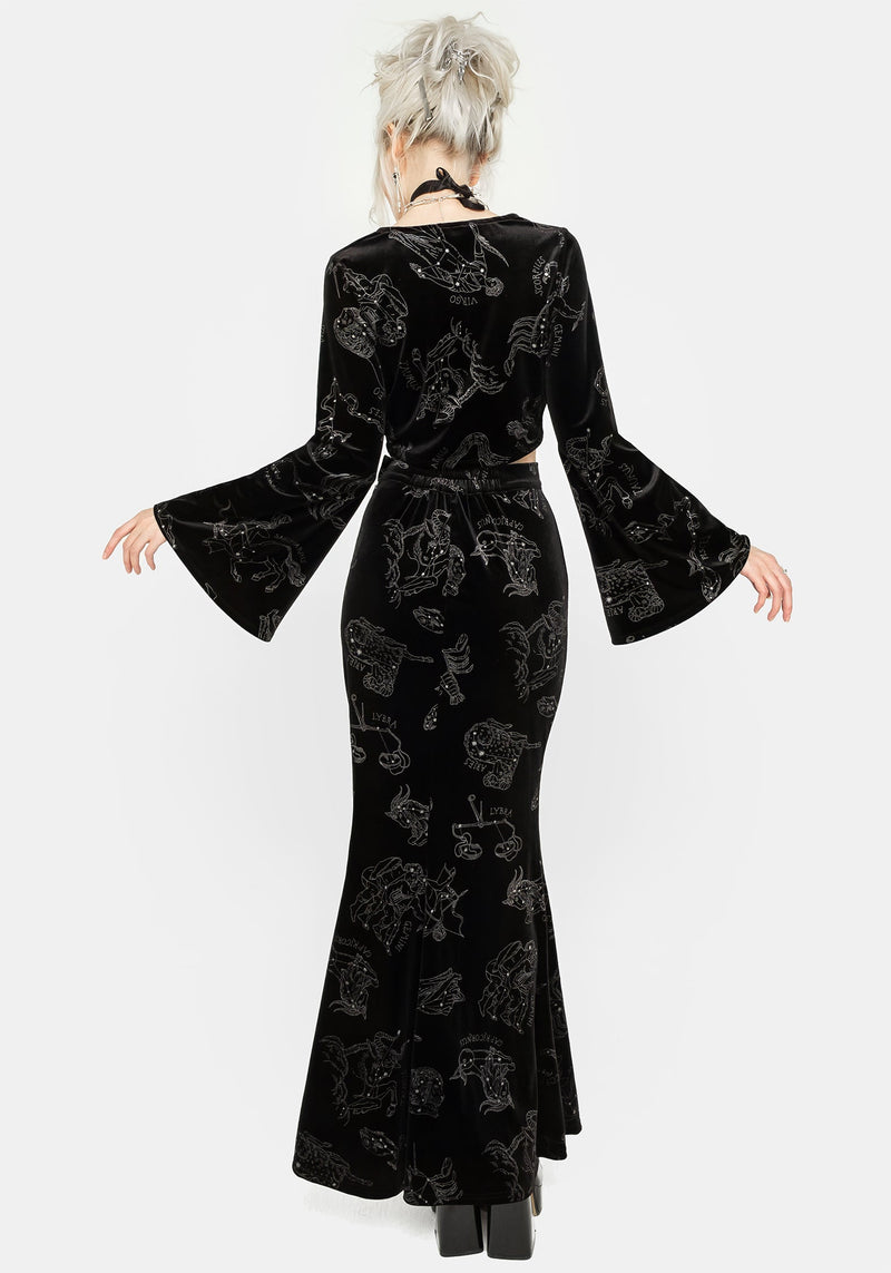 Zodiac Foil Print Velour Mermaid Maxi Skirt