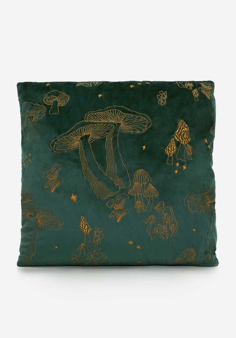 Faefire Celestial Mushrooms Velvet Cushion - Evergreen