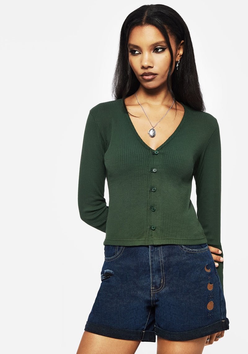 Surcantine Rib Button Up Long Sleeve Top