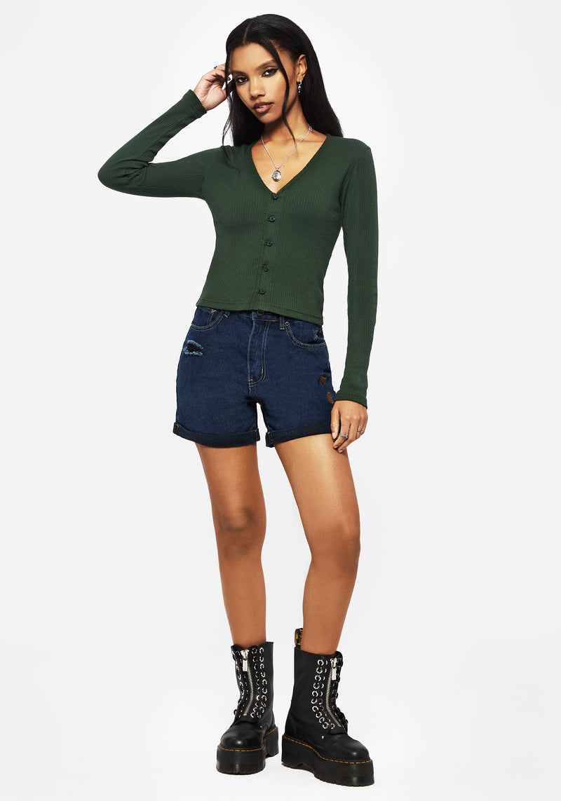 Surcantine Rib Button Up Long Sleeve Top