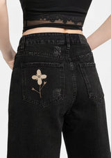 Griffinfly Embroidered Distressed Denim Mom Jeans