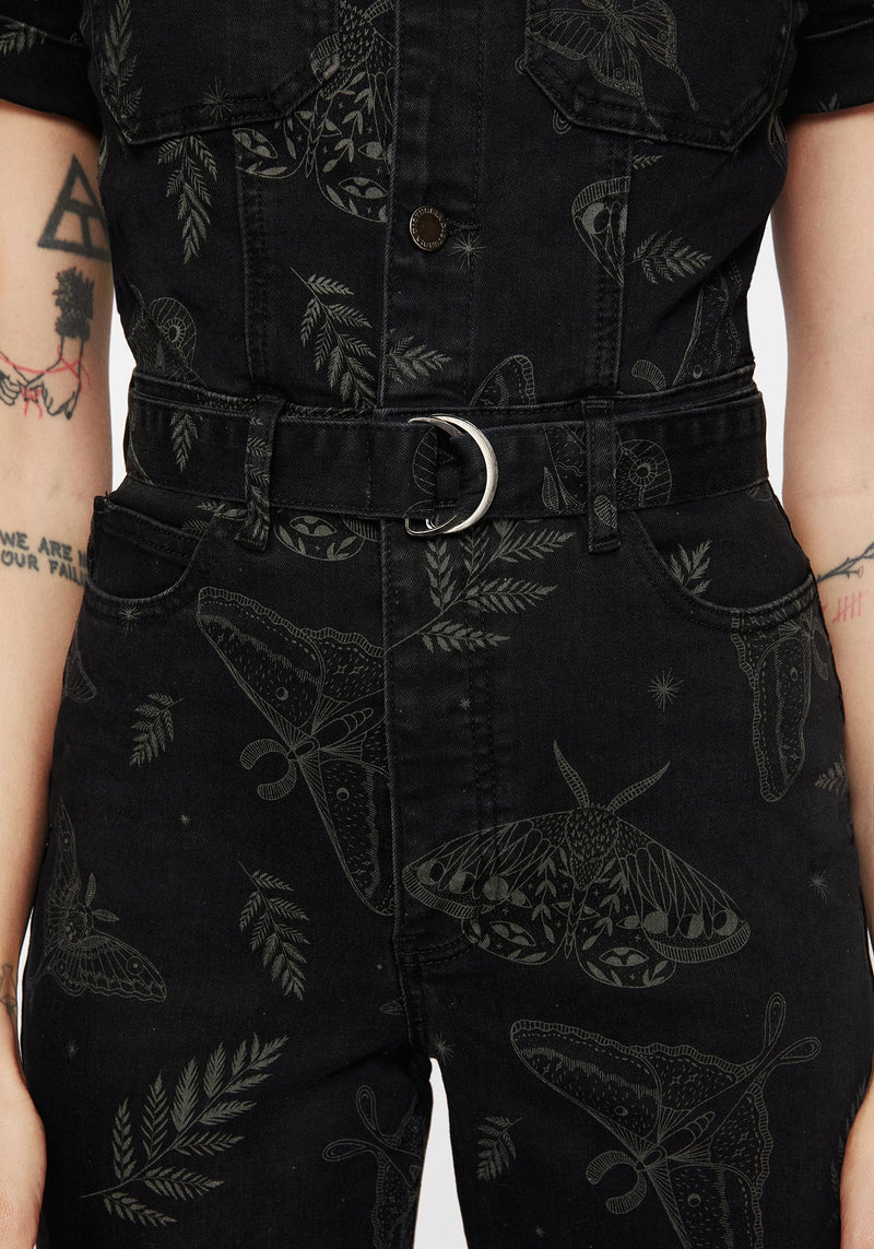 Callopistria Moth Print Denim Jumpsuit