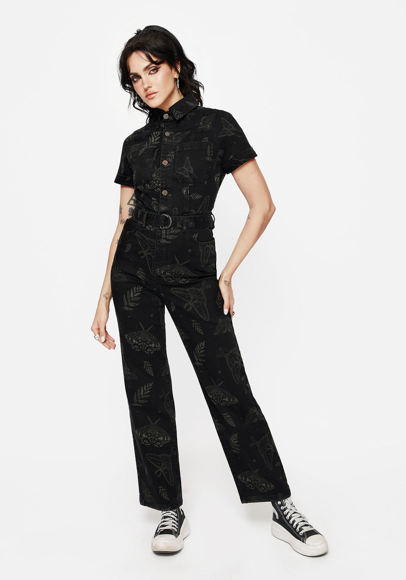 Callopistria Moth Print Denim Jumpsuit