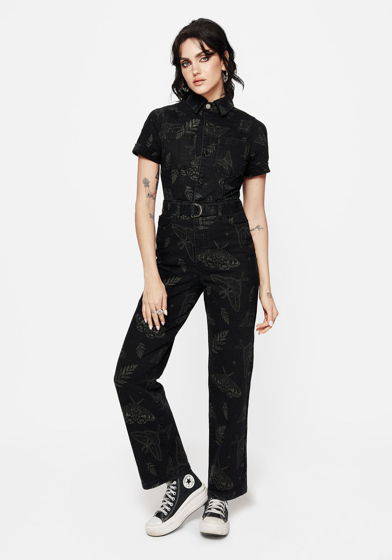 Callopistria Moth Print Denim Jumpsuit