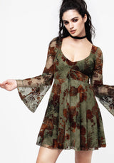 Rosaleigh Flockdruck Velours Mesh Ausgestellt Ärmel Mini Kleid