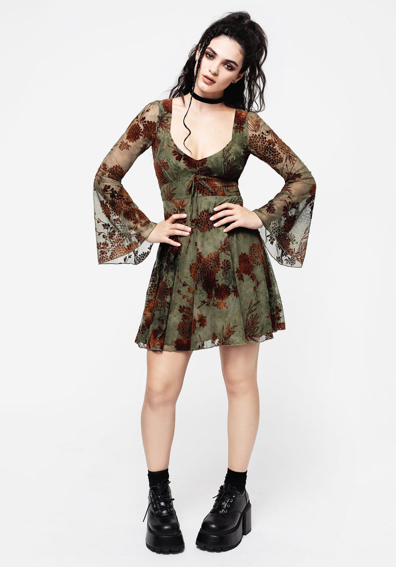 Rosaleigh Flockdruck Velours Mesh Ausgestellt Ärmel Mini Kleid