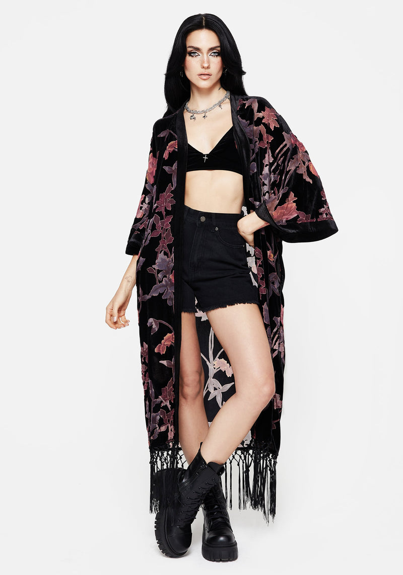 Waterlily Burnout Fringe Trim Longline Kimono