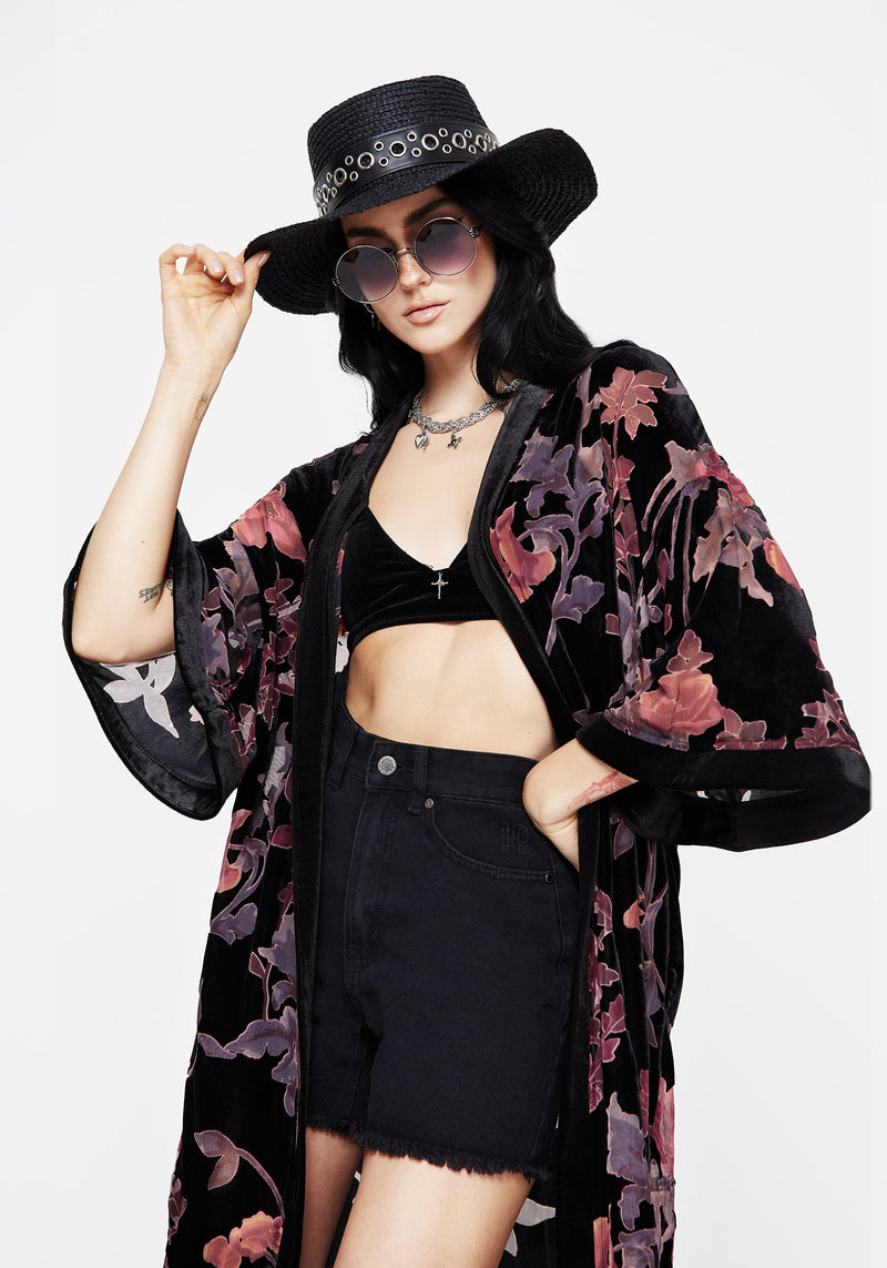 Waterlily Burnout Fringe Trim Longline Kimono