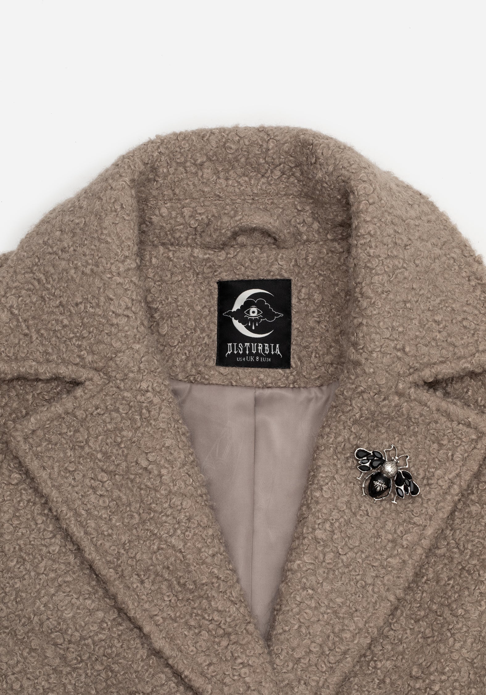 Gorgon BouclÃ© Longline Oversized Coat with Bee Brooch - Taupe
