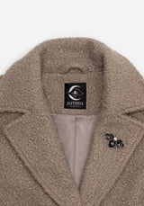 Gorgon BouclÃ© Longline Oversized Coat with Bee Brooch - Taupe