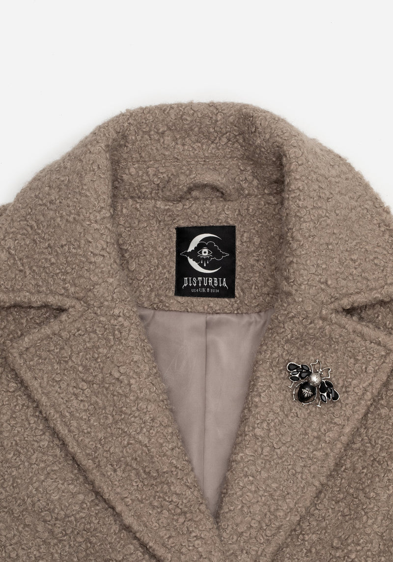 Gorgon BouclÃ© Longline Oversized Coat with Bee Brooch - Taupe
