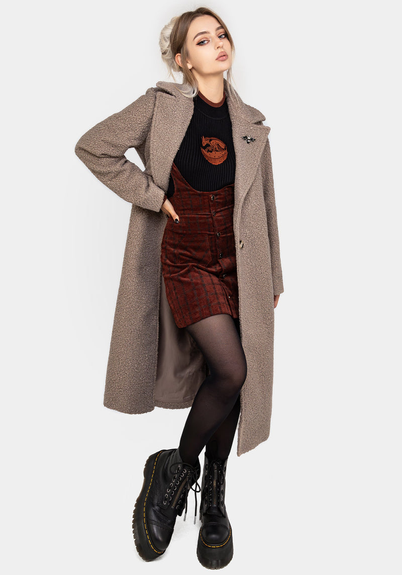 Gorgon BouclÃ© Longline Oversized Coat with Bee Brooch - Taupe