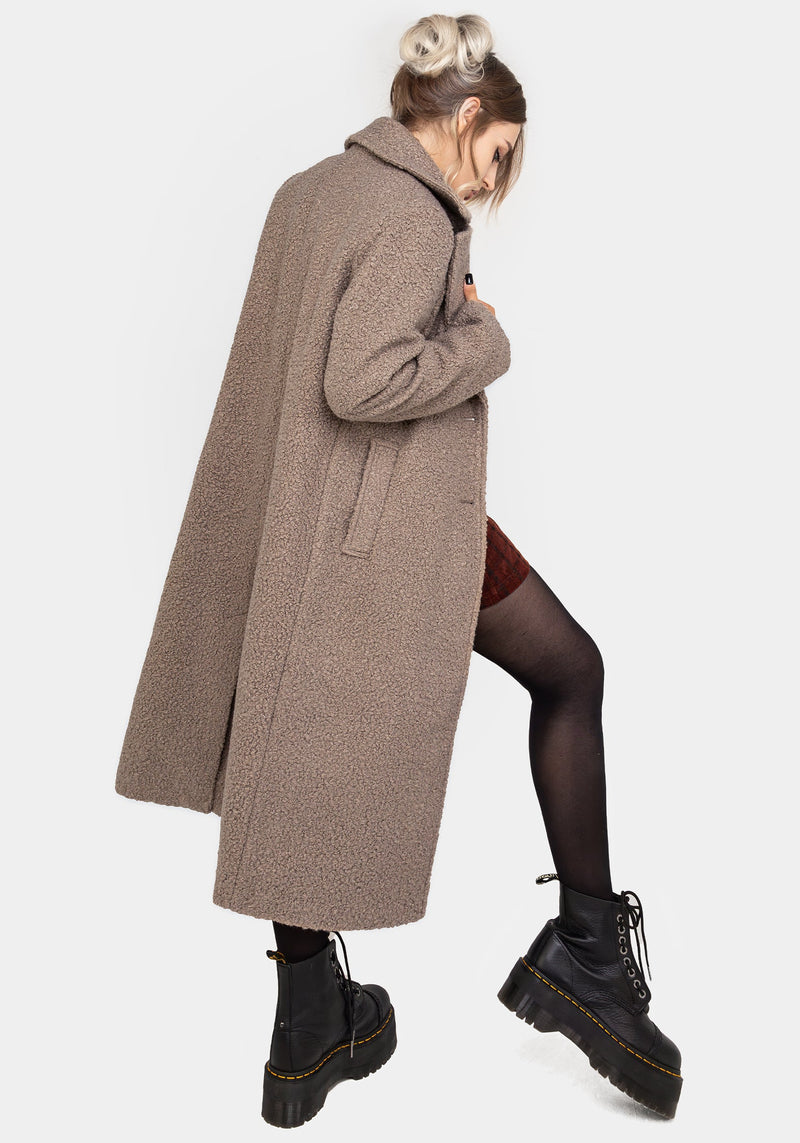 Gorgon BouclÃ© Longline Oversized Coat with Bee Brooch - Taupe