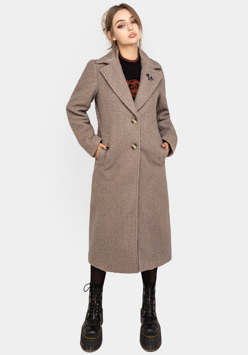 Gorgon BouclÃ© Longline Oversized Coat with Bee Brooch - Taupe