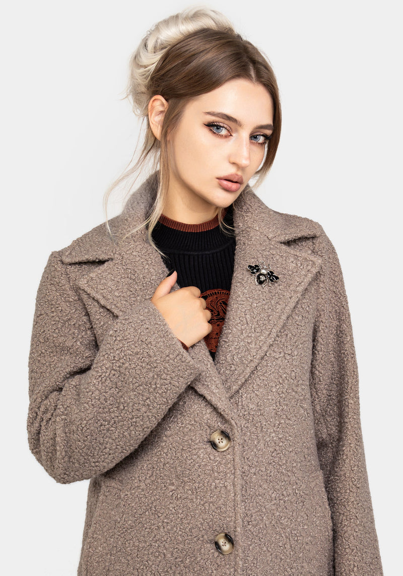 Gorgon BouclÃ© Longline Oversized Coat with Bee Brooch - Taupe
