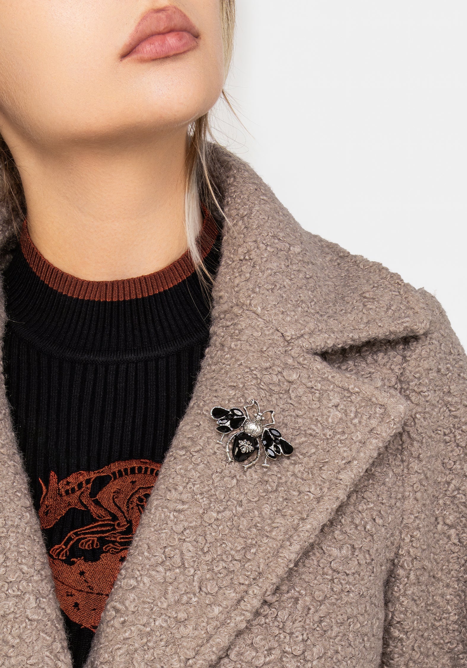 Gorgon BouclÃ© Longline Oversized Coat with Bee Brooch - Taupe