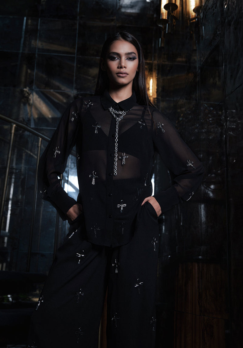 Ankh Beaded Chiffon Button Up Shirt