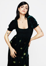 Swamplife Frog Embroidered Velour Tiered Midi Dress