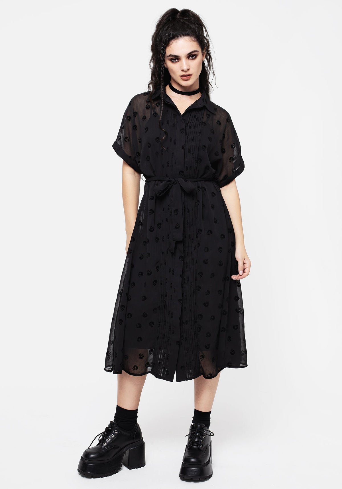 Bones Beflockt Biesen Chiffon Midi Hemd Kleid