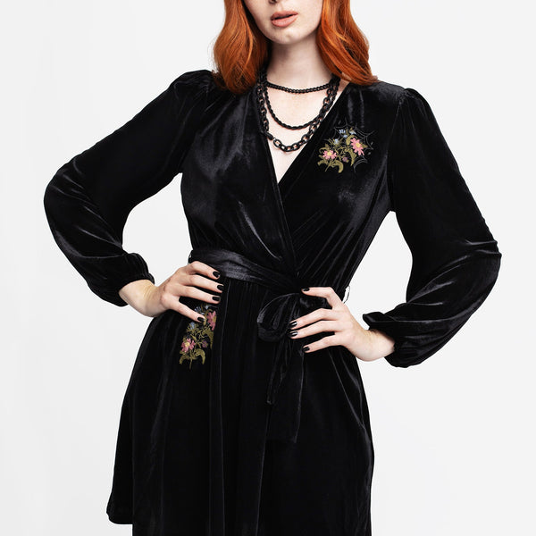 Disturbia | Cleome Floral Spiderweb Embroidered Velour Faux Wrap