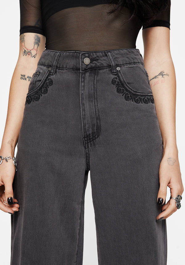 Nara Wide Leg Distressed Gothic Embroidery Jeans