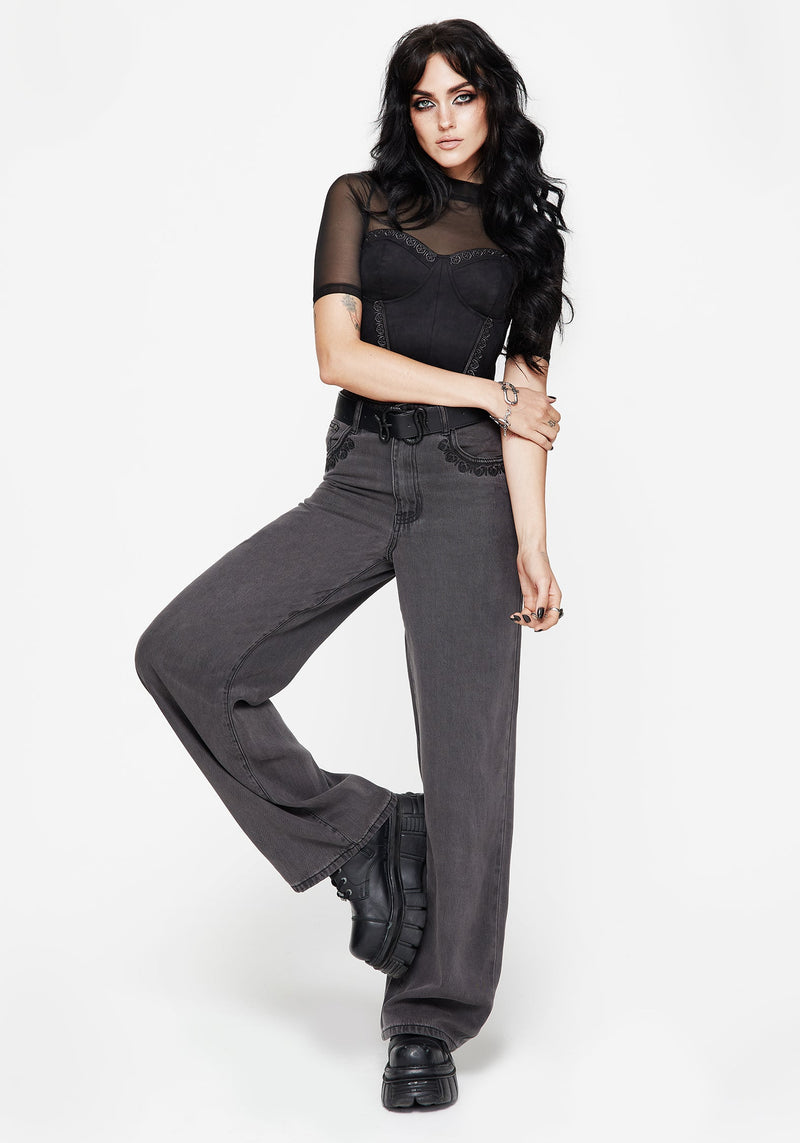 Nara Wide Leg Distressed Gothic Embroidery Jeans