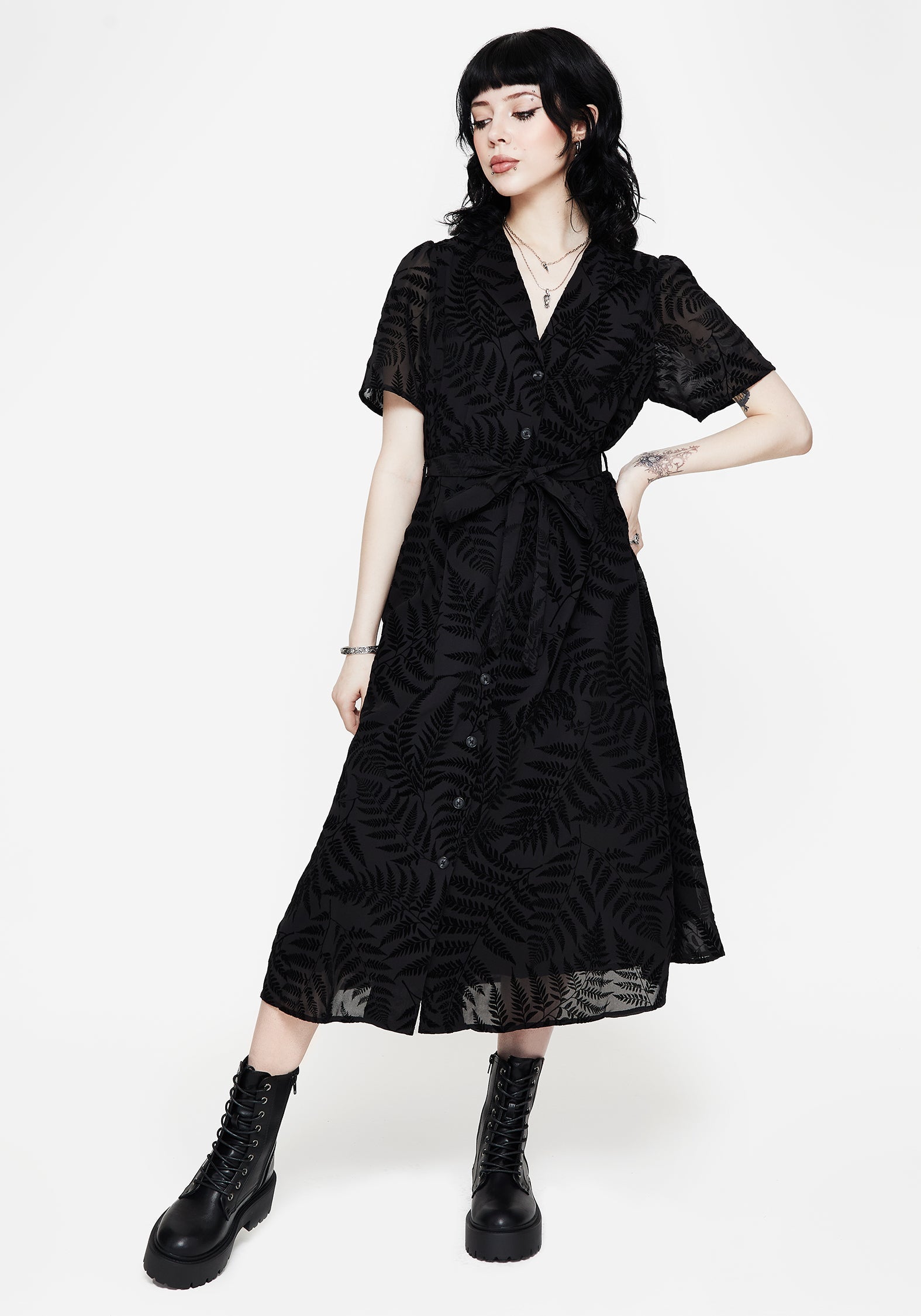 Lunafern Farn Bedruckt Gürtel Midi Hemd Kleid