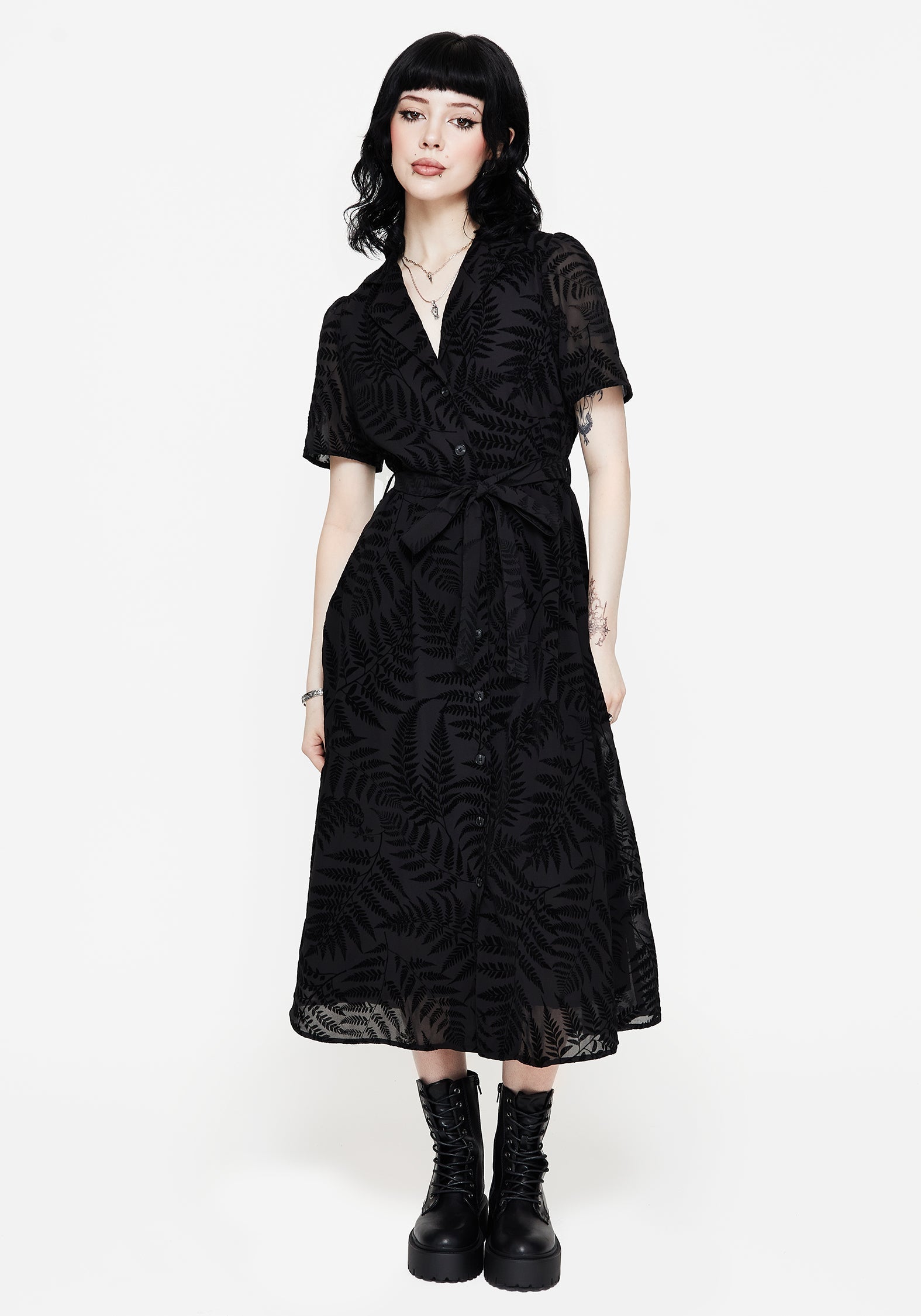 Lunafern Farn Bedruckt Gürtel Midi Hemd Kleid